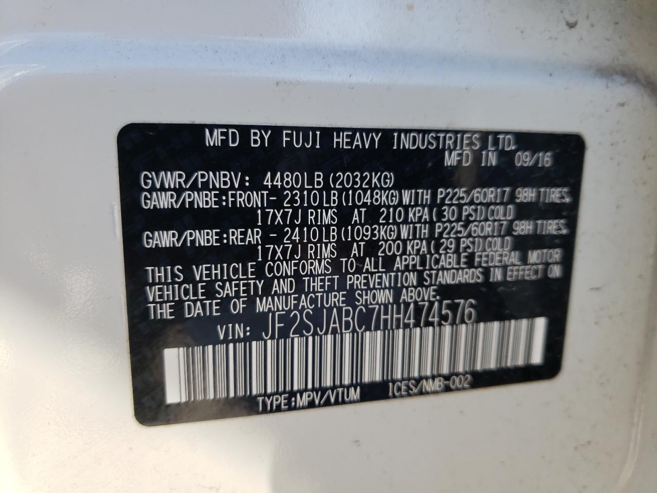 Photo 10 from auction – 2017 SUBARU FORESTER 2 with VIN JF2SJABC7HH474576