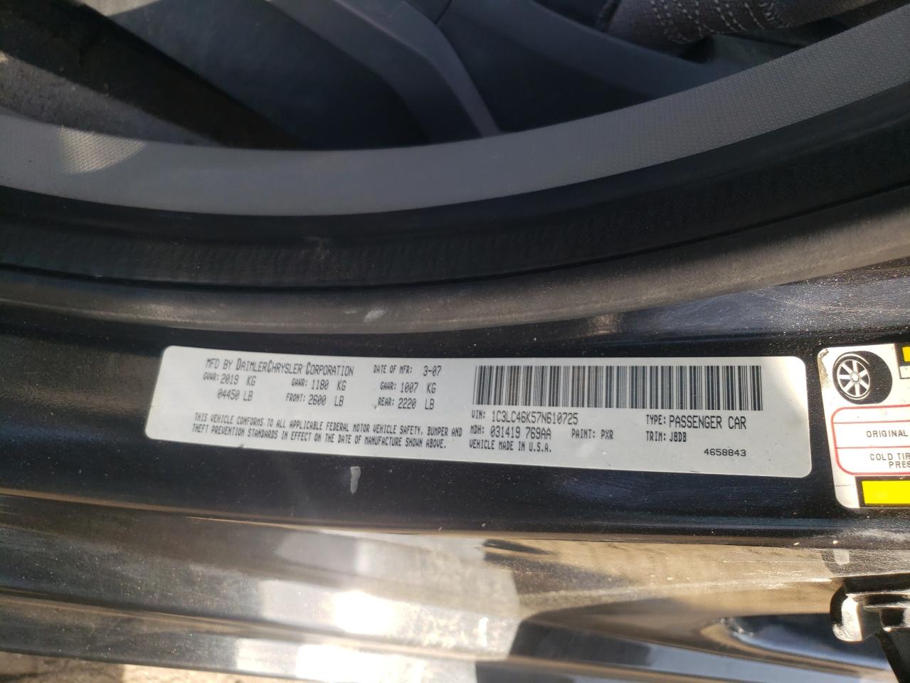 Photo 10 from auction – 2007 CHRYSLER SEBRING with VIN 1C3LC46K57N610725