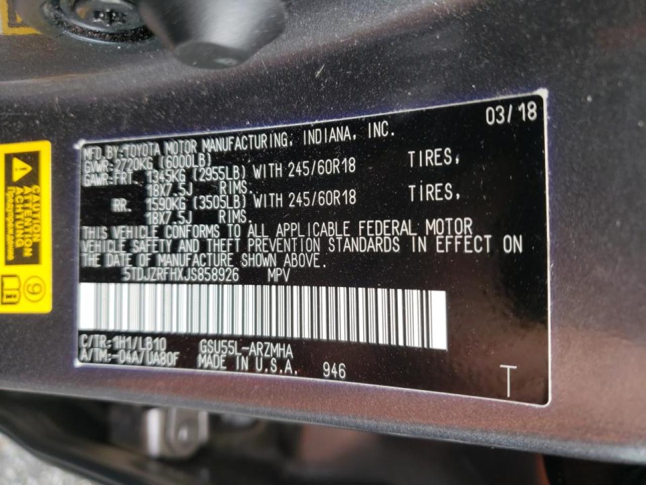 Photo 10 from auction – 2018 TOYOTA HIGHLANDER with VIN 5TDJZRFHXJS858926