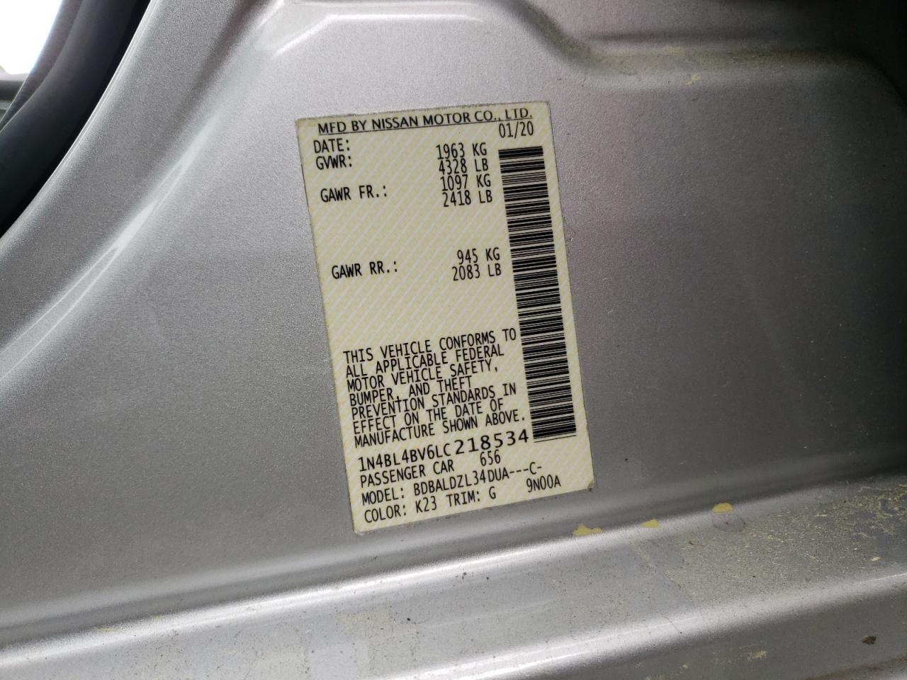 Photo 10 from auction – 2020 NISSAN ALTIMA S with VIN 1N4BL4BV6LC218534