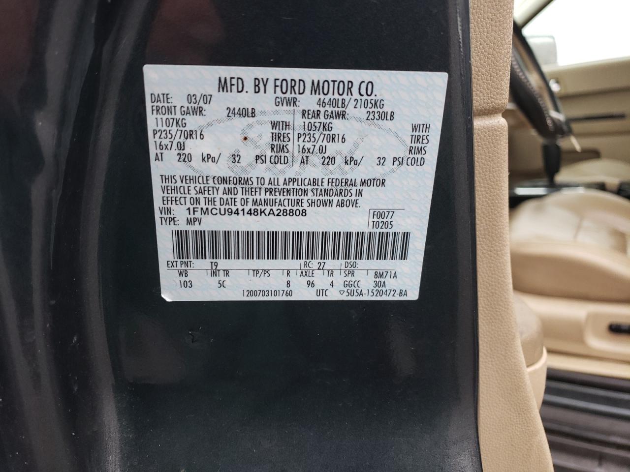 Photo 10 from auction – 2008 FORD ESCAPE with VIN 1FMCU94148KA28808
