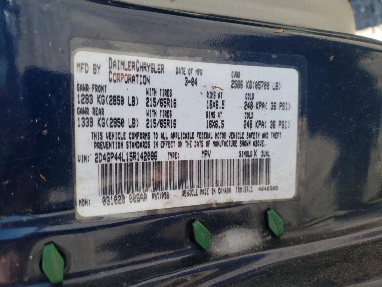 Photo 10 from auction – 2005 DODGE GRAND CARA with VIN 2D4GP44L15R142086
