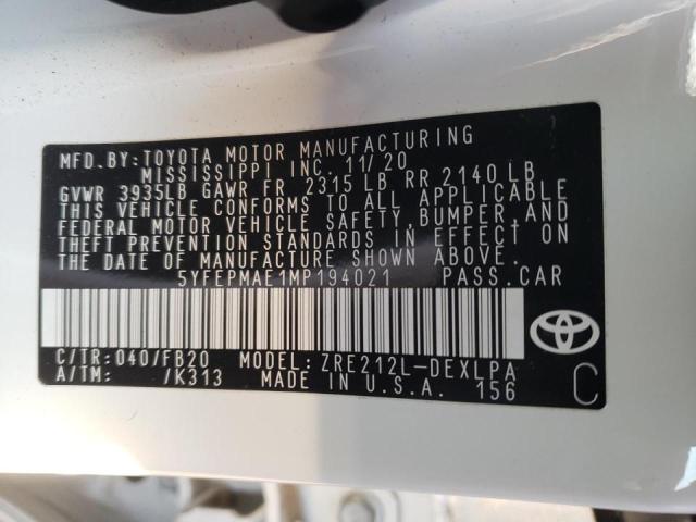 Photo 10 from auction – 2021 TOYOTA COROLLA LE with VIN 5YFEPMAE1MP194021