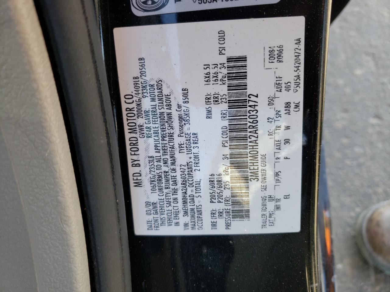 Photo 10 from auction – 2010 MERCURY MILAN with VIN 3MEHM0HA2AR603472
