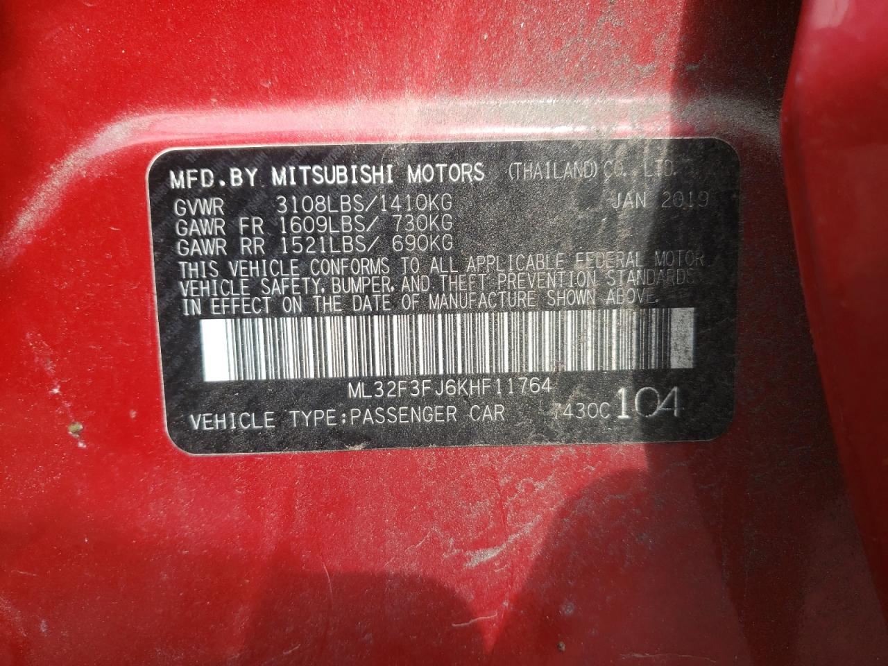 Photo 10 from auction – 2019 MITSUBISHI MIRAGE G4 with VIN ML32F3FJ6KHF11764