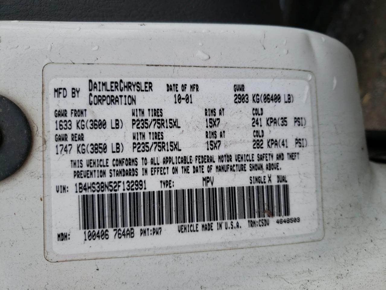 Photo 10 from auction – 2002 DODGE DURANGO SP with VIN 1B4HS38N52F132991