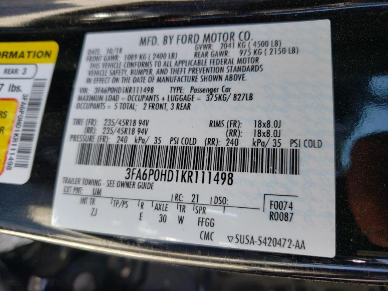 Photo 10 from auction – 2019 FORD FUSION SE with VIN 3FA6P0HD1KR111498