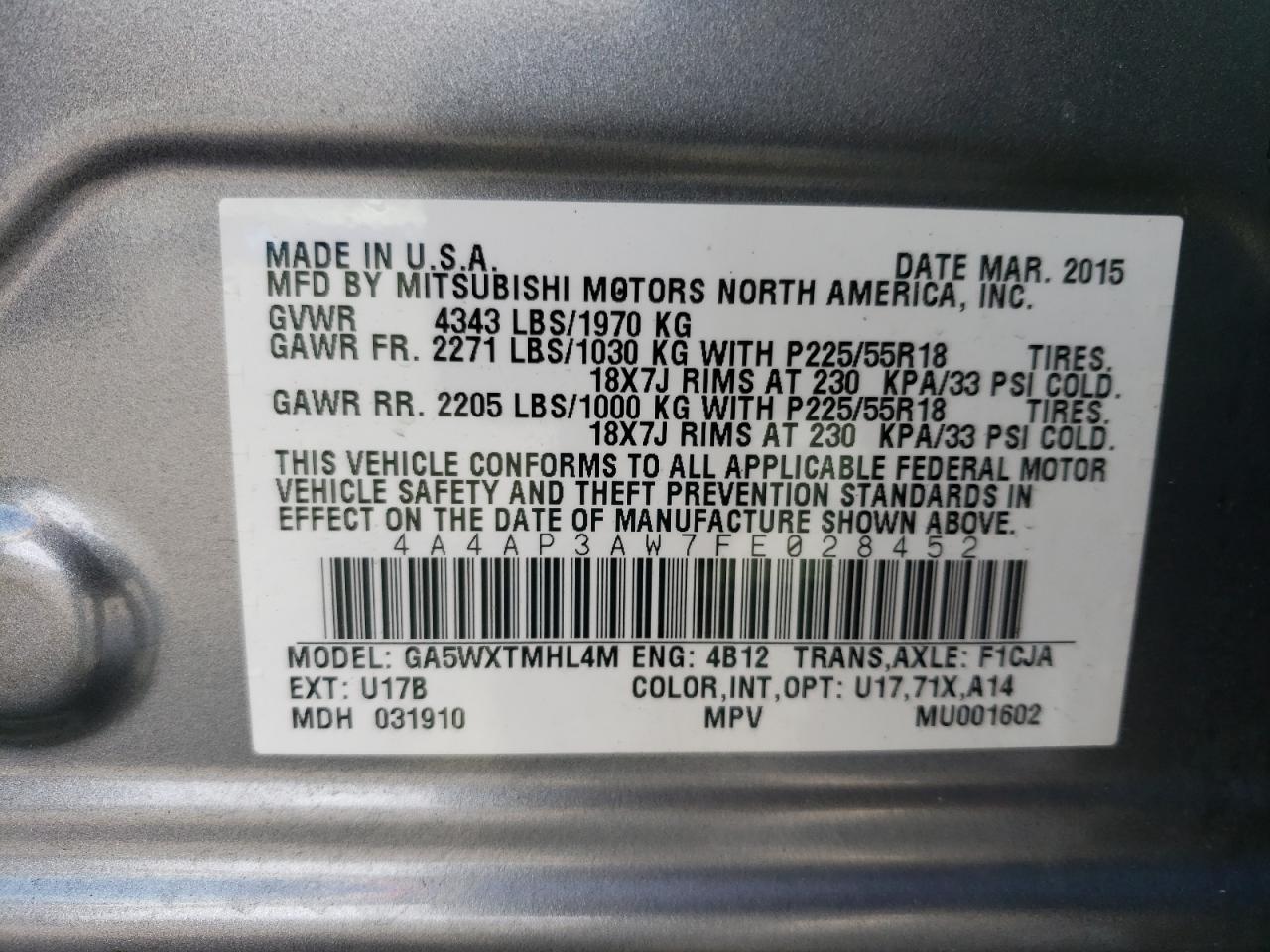 Photo 10 from auction – 2015 MITSUBISHI OUTLANDER with VIN 4A4AP3AW7FE028452