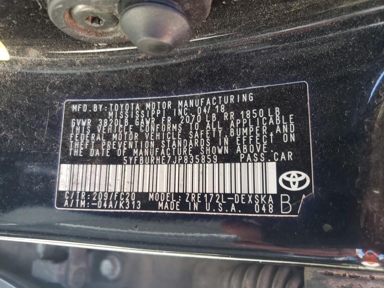 Photo 10 from auction – 2018 TOYOTA COROLLA L with VIN 5YFBURHE7JP835859