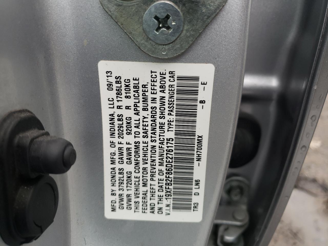 Photo 10 from auction – 2013 HONDA CIVIC EX with VIN 19XFB2F86DE276175
