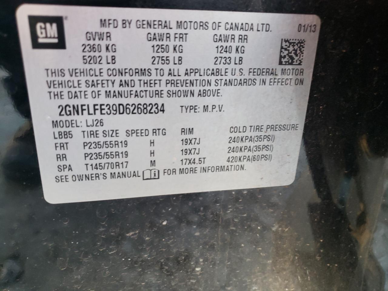 Photo 10 from auction – 2013 CHEVROLET EQUINOX LT with VIN 2GNFLFE39D6268234