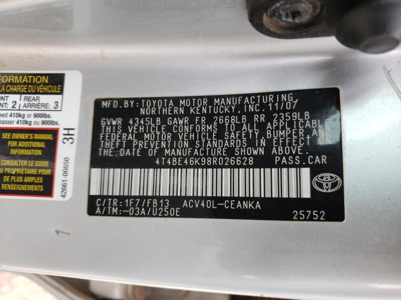 Photo 10 from auction – 2008 TOYOTA CAMRY CE with VIN 4T4BE46K98R026628