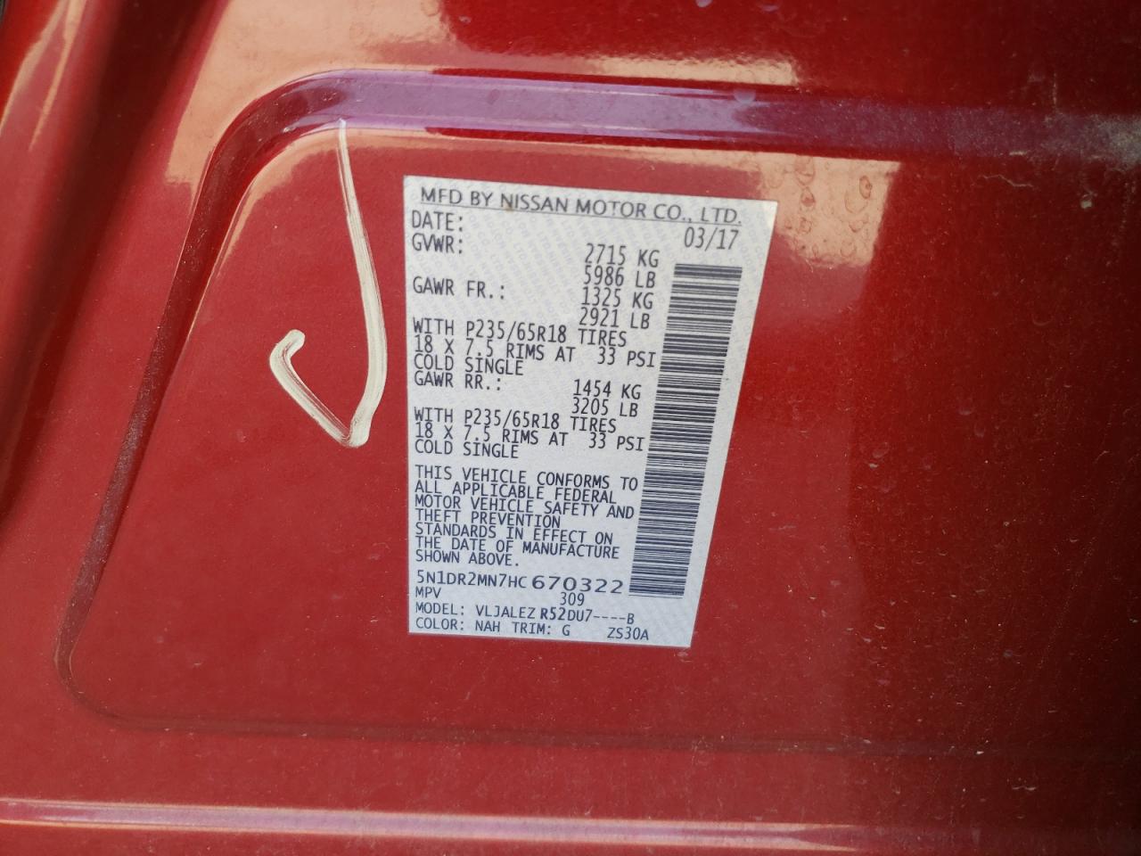 Photo 10 from auction – 2017 NISSAN PATHFINDER with VIN 5N1DR2MN7HC670322