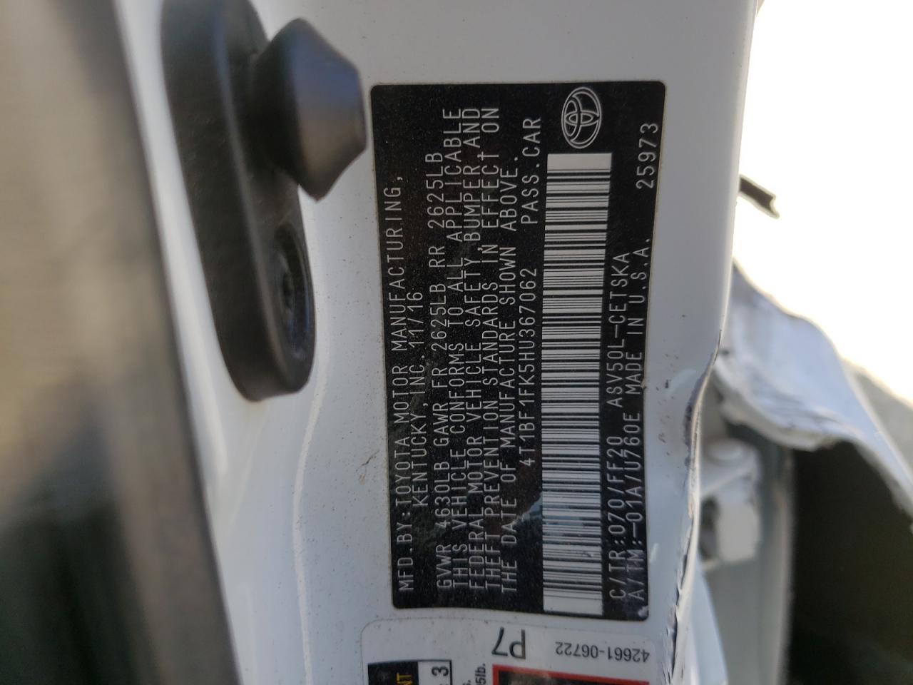 Photo 10 from auction – 2017 TOYOTA CAMRY LE with VIN 4T1BF1FK5HU367062
