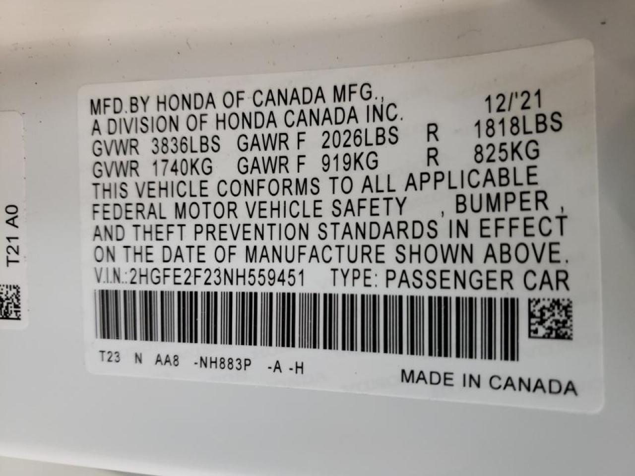 Photo 10 from auction – 2022 HONDA CIVIC with VIN 2HGFE2F23NH559451