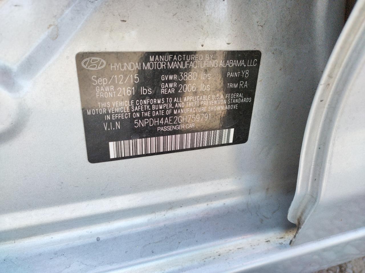 Photo 10 from auction – 2016 HYUNDAI ELANTRA SE with VIN 5NPDH4AE2GH759791