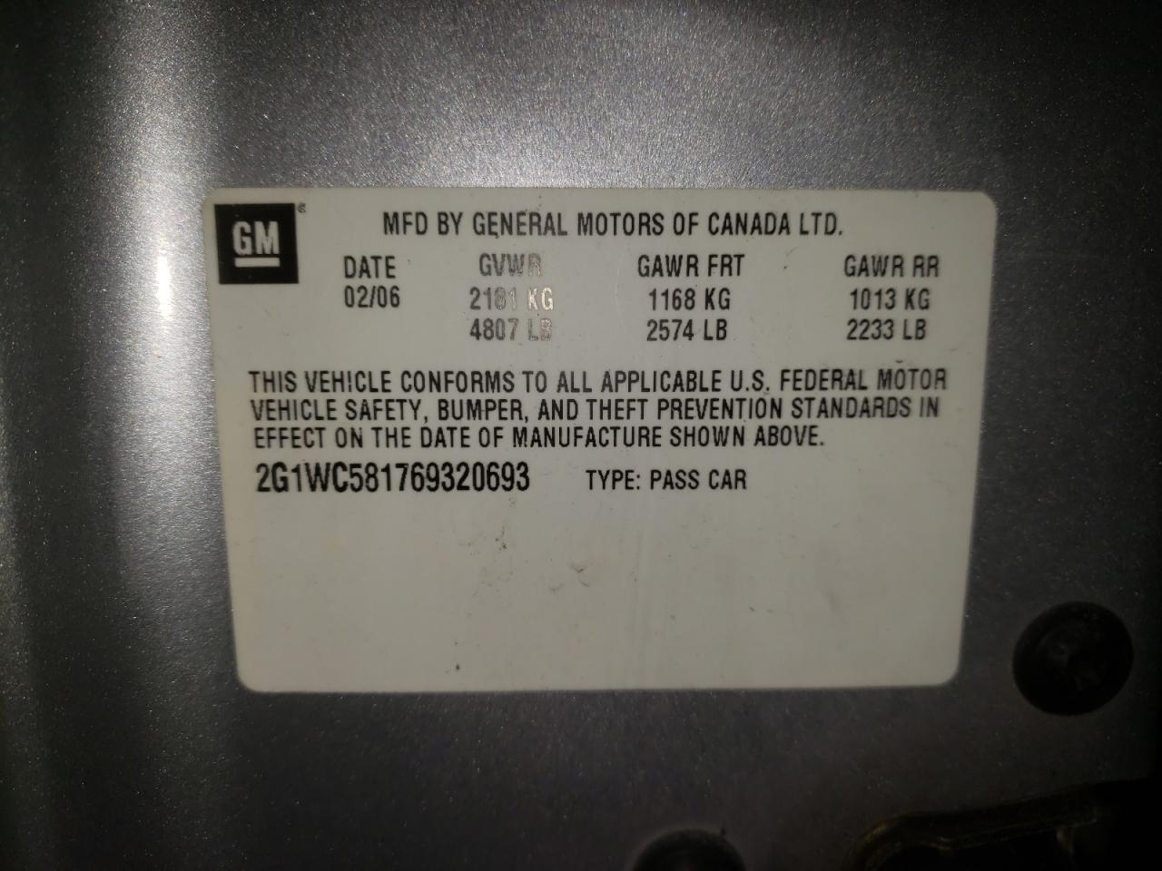 Photo 10 from auction – 2006 CHEVROLET IMPALA LT with VIN 2G1WC581769320693