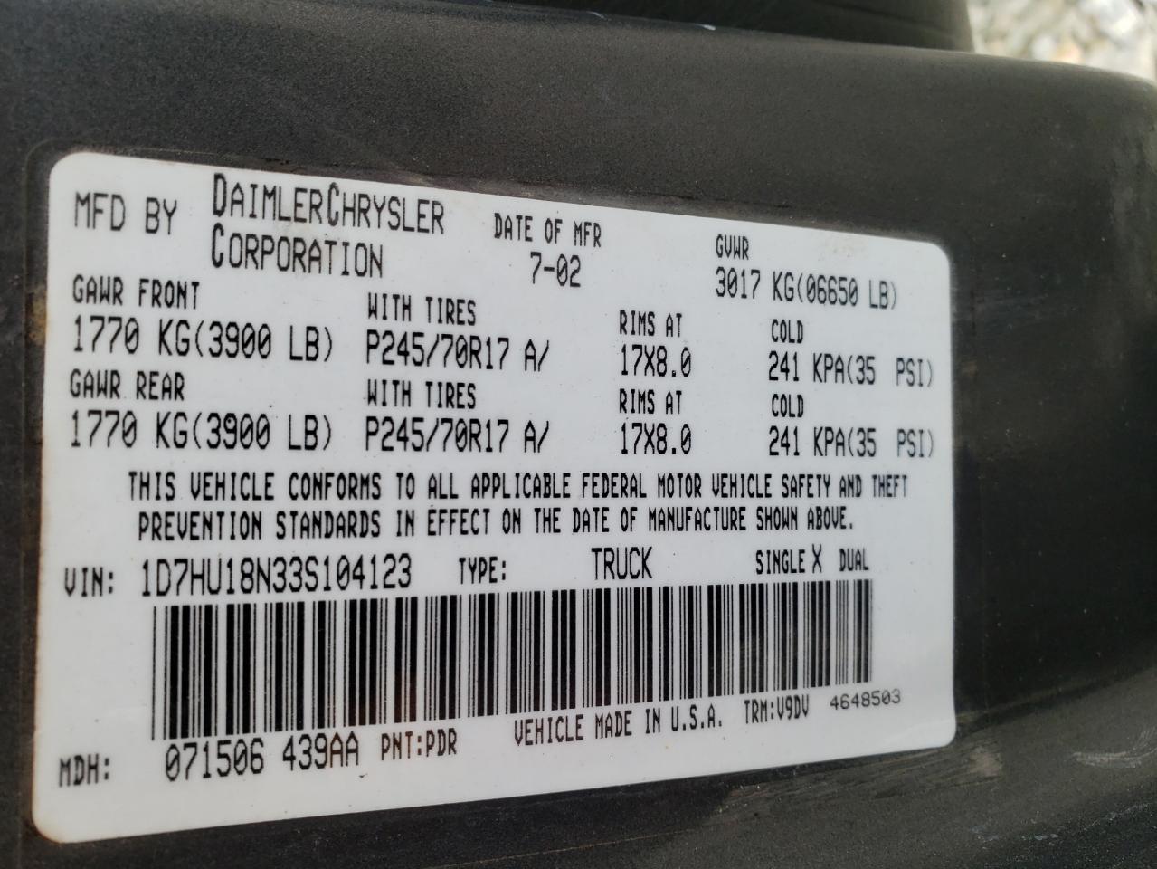 Photo 10 from auction – 2003 DODGE RAM 1500 S with VIN 1D7HU18N33S104123