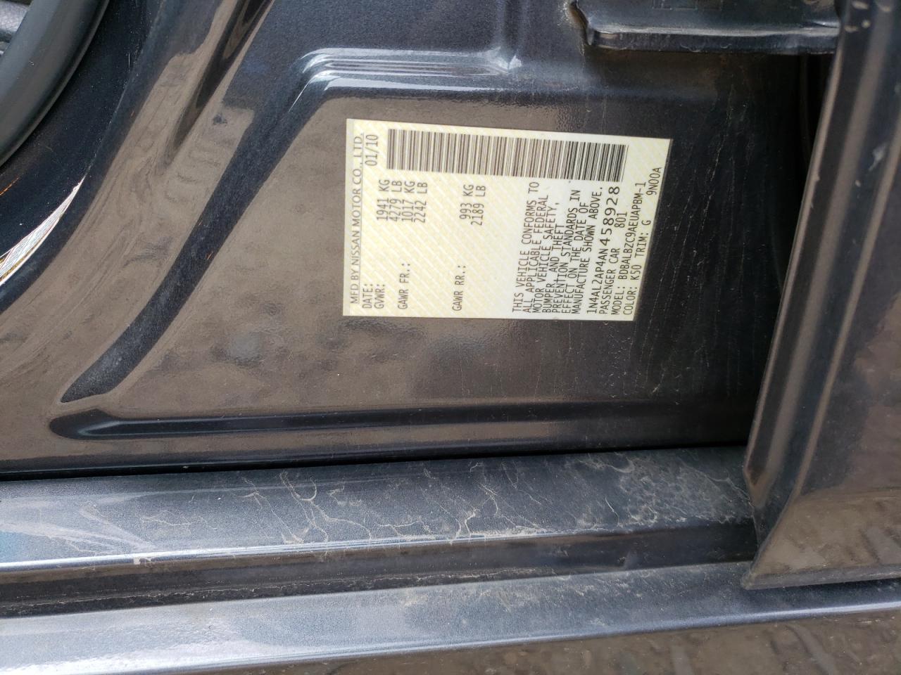 Photo 10 from auction – 2010 NISSAN ALTIMA BAS with VIN 1N4AL2AP4AN458928