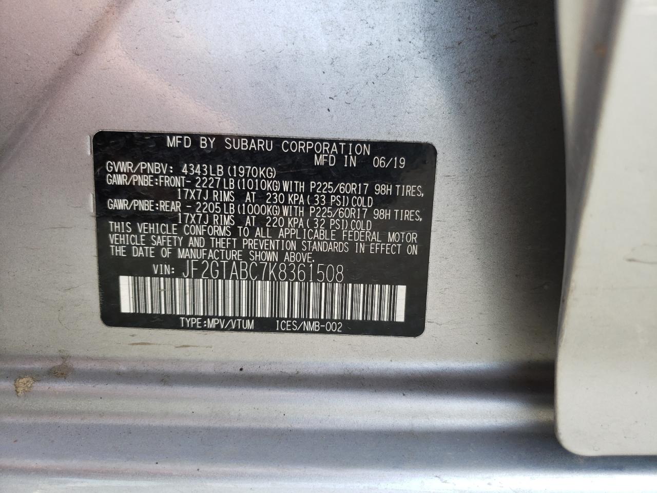 Photo 10 from auction – 2019 SUBARU CROSSTREK with VIN JF2GTABC7K8361508