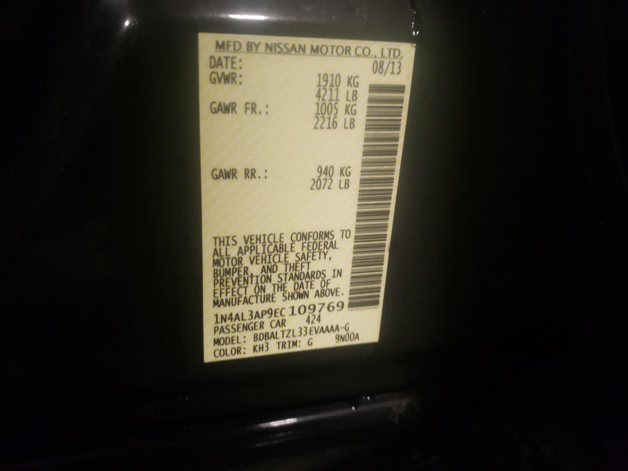 Photo 10 from auction – 2014 NISSAN ALTIMA 2.5 with VIN 1N4AL3AP9EC109769