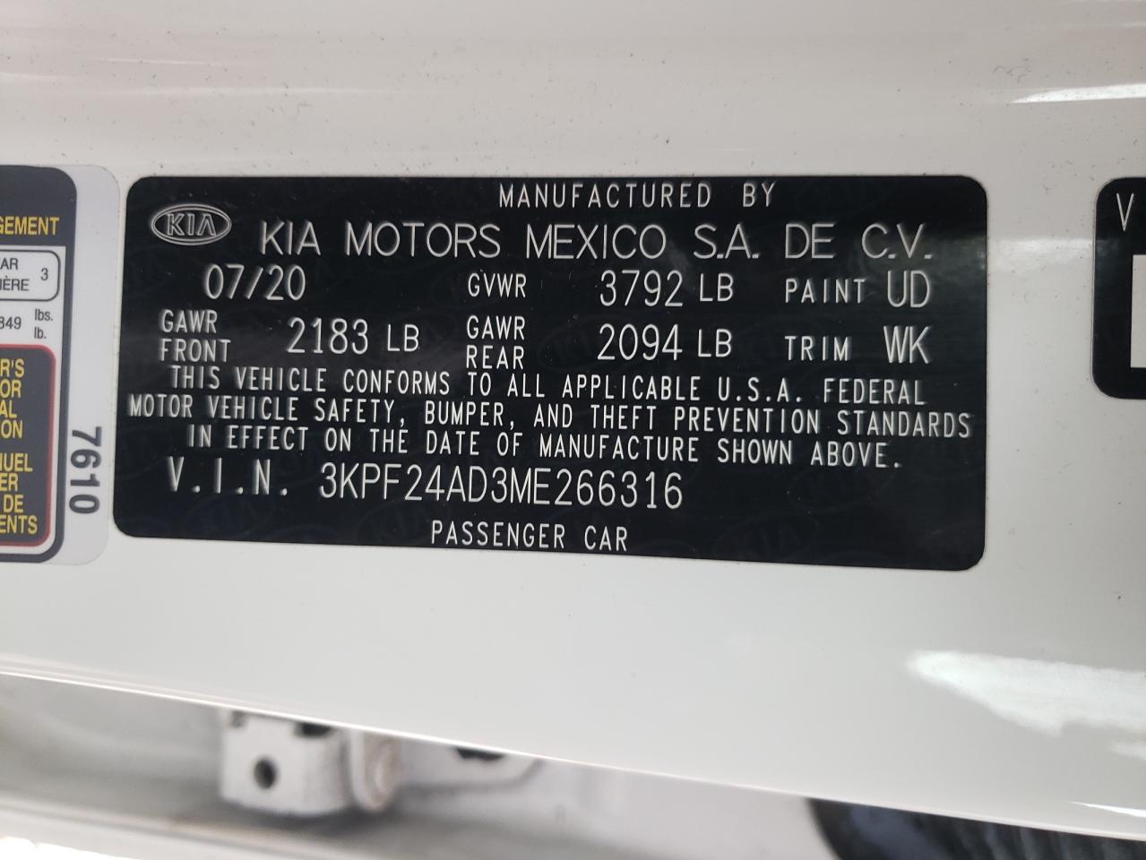 Photo 10 from auction – 2021 KIA FORTE FE with VIN 3KPF24AD3ME266316