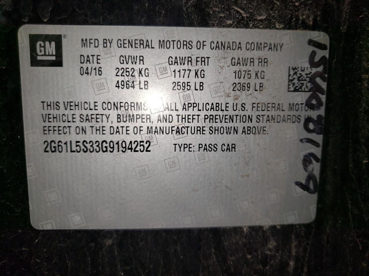 Photo 10 from auction – 2016 CADILLAC XTS with VIN 2G61L5S33G9194252
