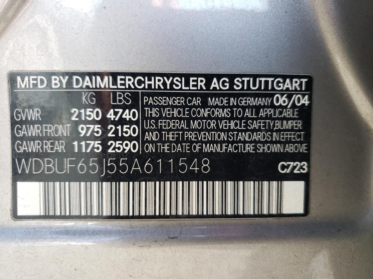 Photo 10 from auction – 2005 MERCEDES-BENZ E 320 with VIN WDBUF65J55A611548