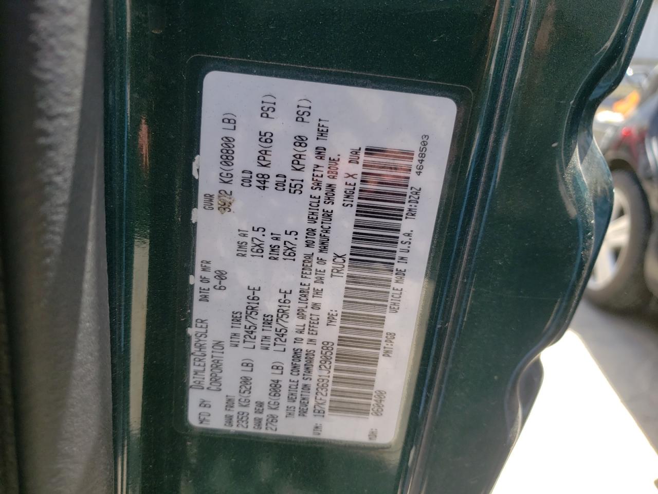 Photo 10 from auction – 2001 DODGE RAM with VIN 1B7KF23691J290589