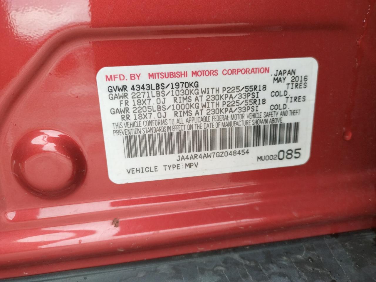 Photo 10 from auction – 2016 MITSUBISHI OUTLANDER with VIN JA4AR4AW7GZ048454
