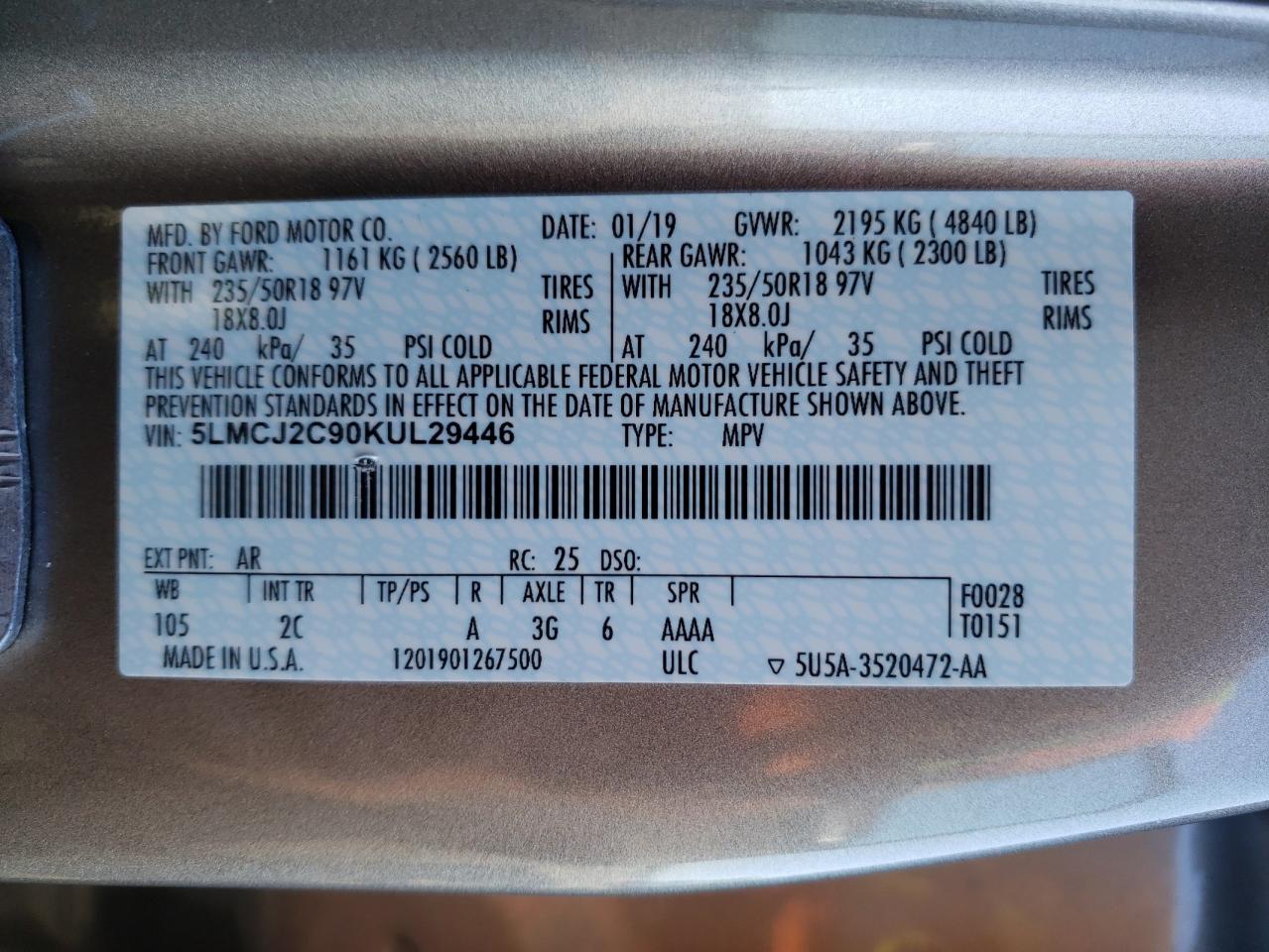 Photo 10 from auction – 2019 LINCOLN MKC SELECT with VIN 5LMCJ2C90KUL29446