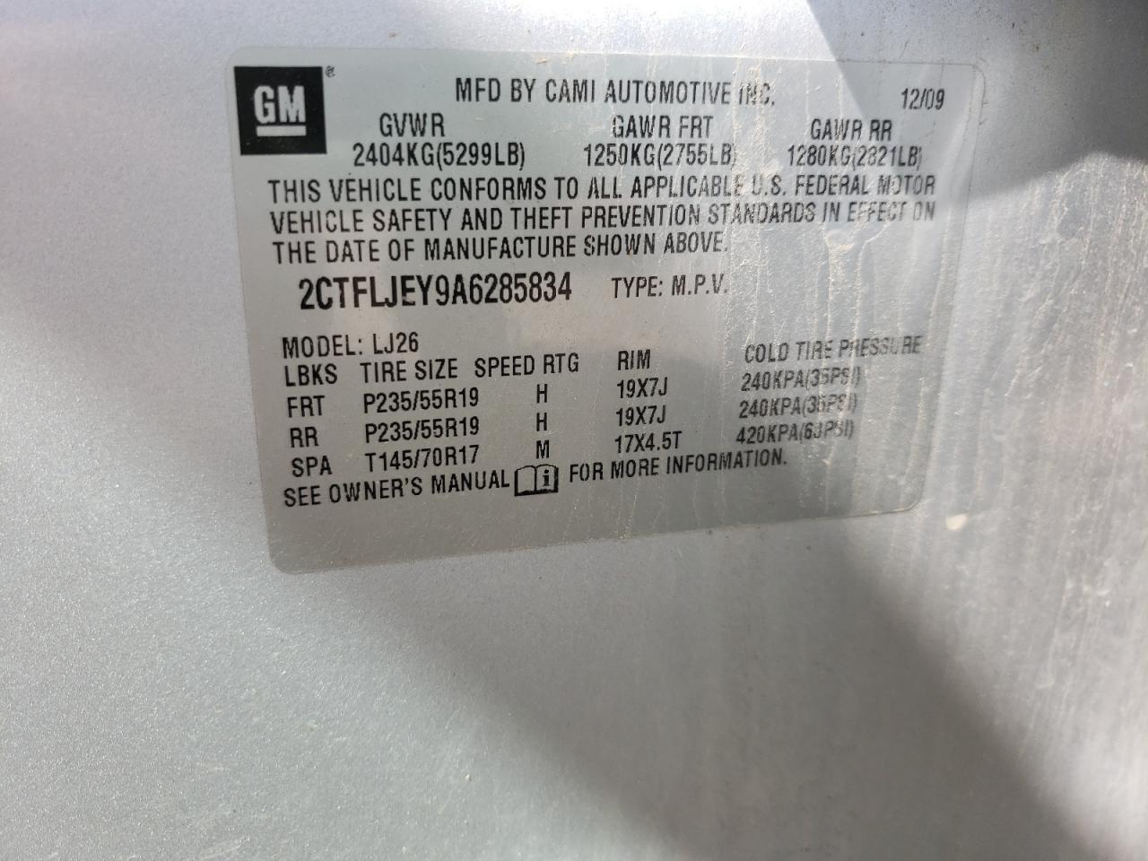 Photo 10 from auction – 2010 GMC TERRAIN SL with VIN 2CTFLJEY9A6285834