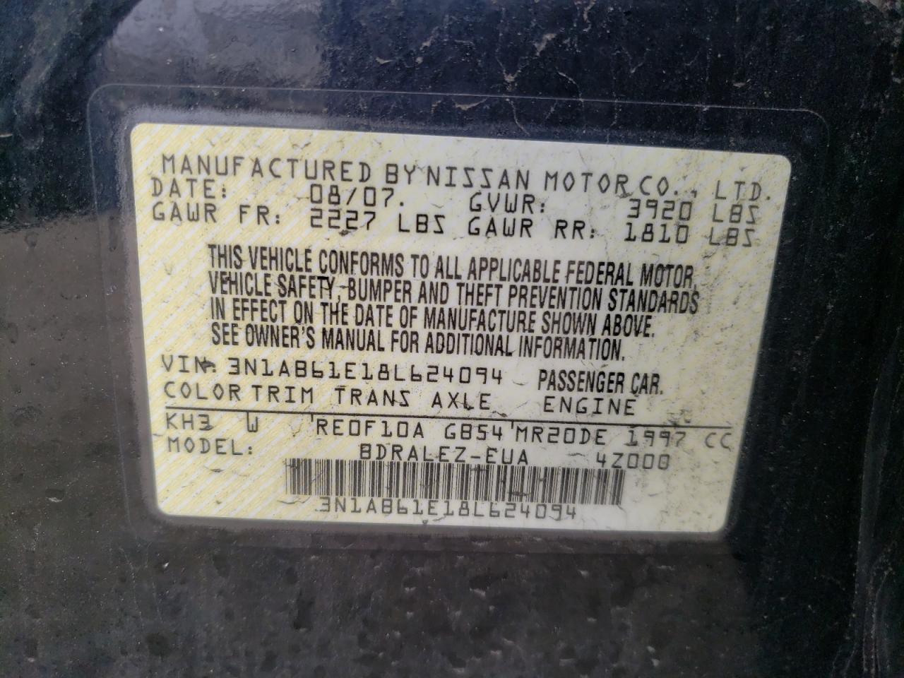 Photo 10 from auction – 2008 NISSAN SENTRA 2.0 with VIN 3N1AB61E18L624094
