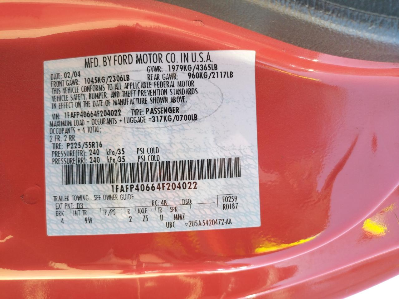 Photo 10 from auction – 2004 FORD MUSTANG with VIN 1FAFP40664F204022