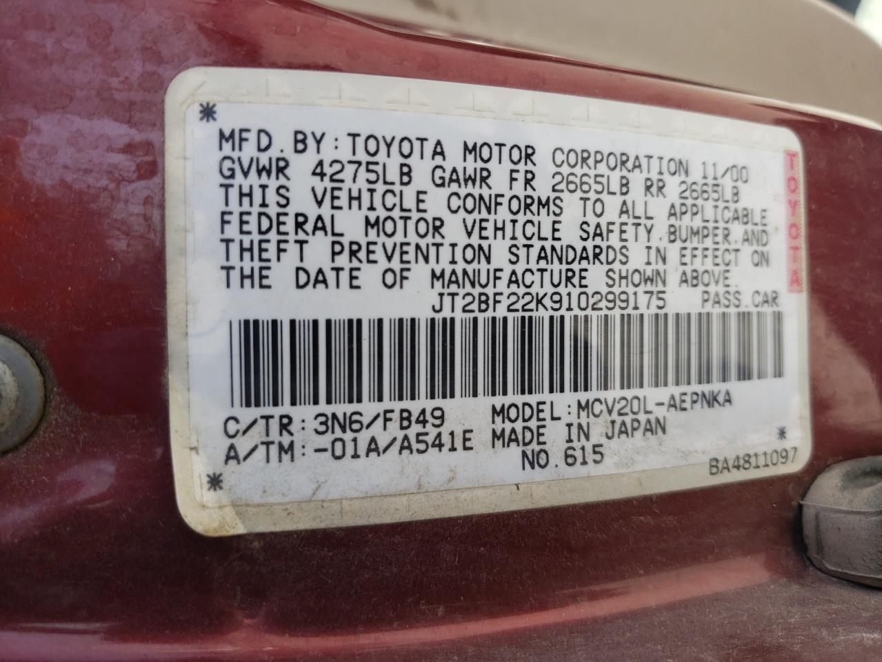 Photo 10 from auction – 2001 TOYOTA CAMRY CE with VIN JT2BF22K910299175