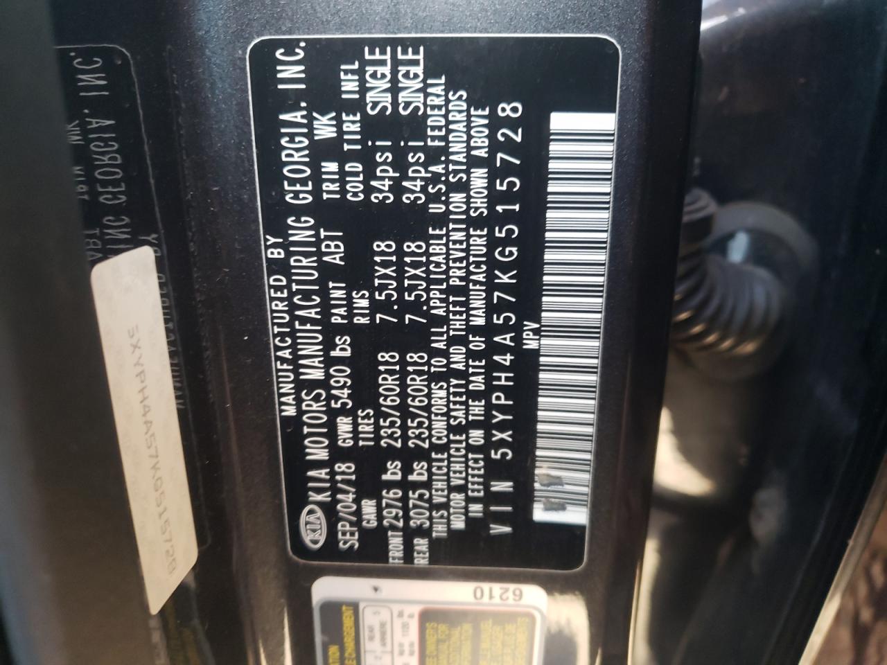 Photo 10 from auction – 2019 KIA SORENTO EX with VIN 5XYPH4A57KG515728