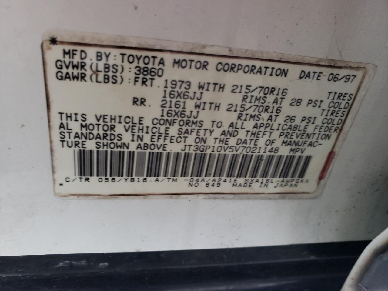 Photo 10 from auction – 1997 TOYOTA RAV4 with VIN JT3GP10V5V7021148