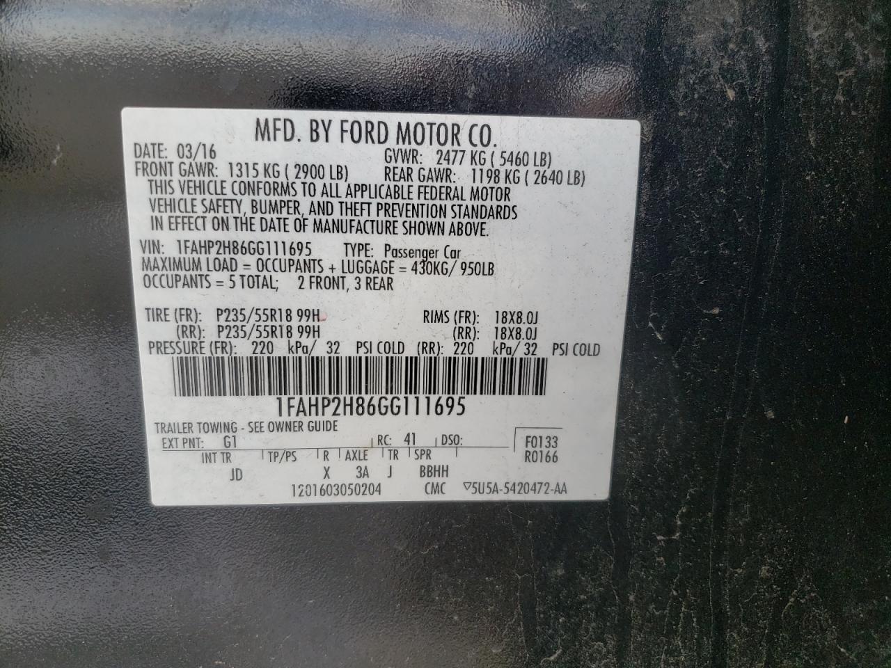Photo 10 from auction – 2016 FORD TAURUS SEL with VIN 1FAHP2H86GG111695