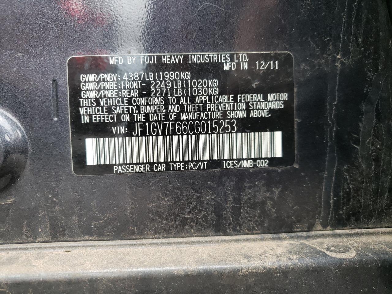 Photo 10 from auction – 2012 SUBARU IMPREZA WR with VIN JF1GV7F66CG015253