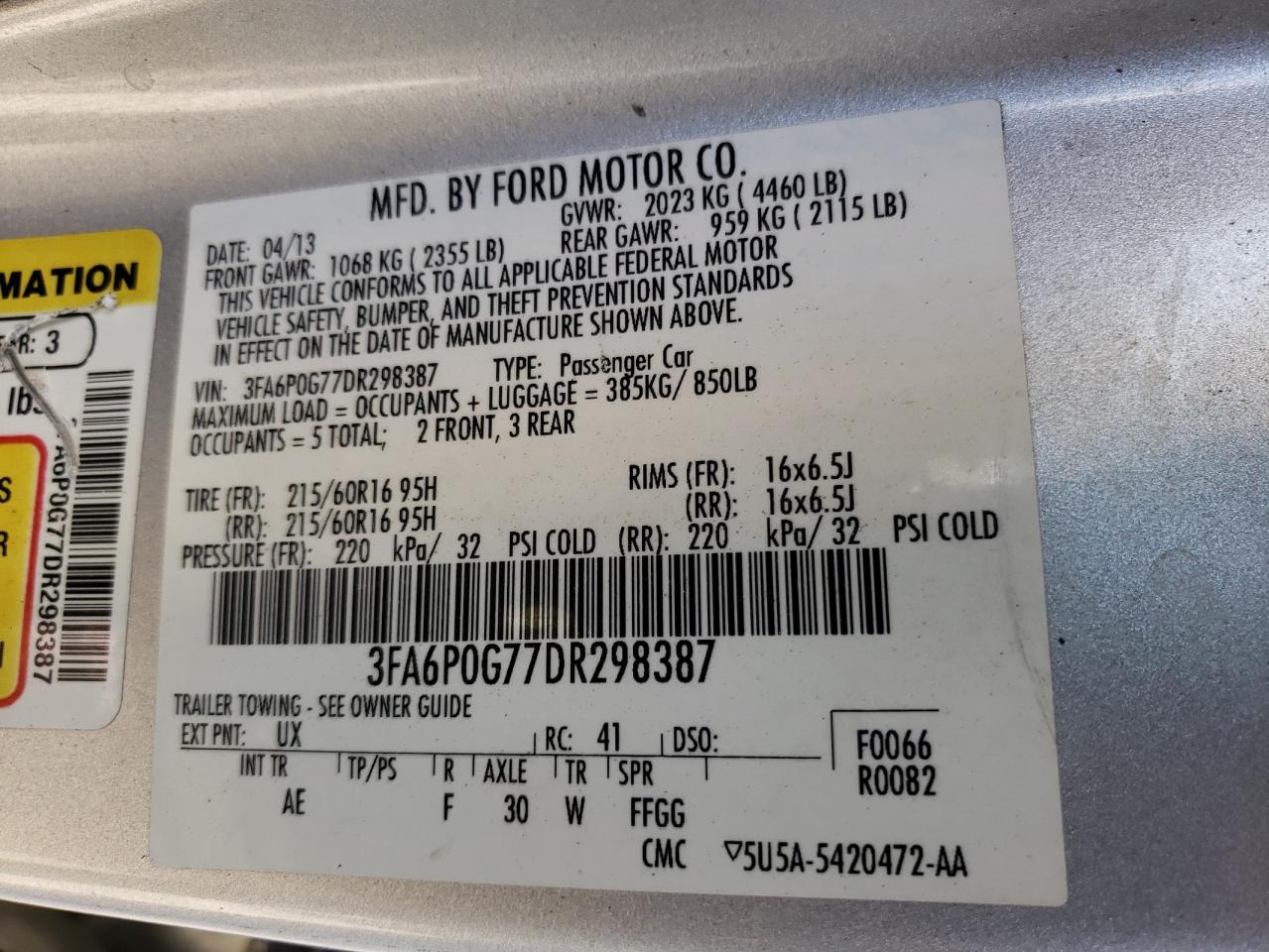 Photo 10 from auction – 2013 FORD FUSION S with VIN 3FA6P0G77DR298387