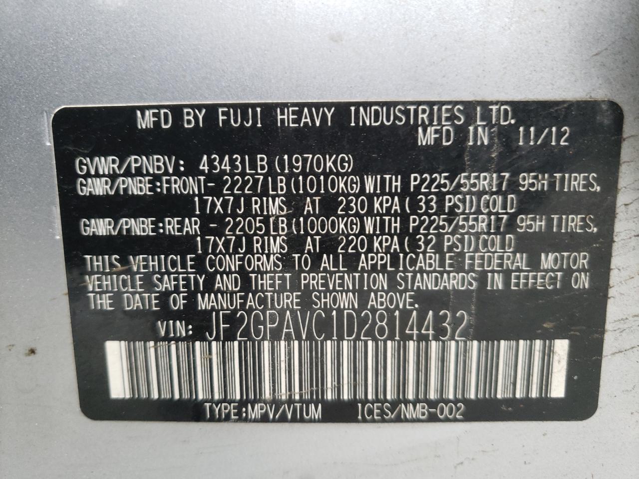 Photo 10 from auction – 2013 SUBARU XV CROSSTR with VIN JF2GPAVC1D2814432