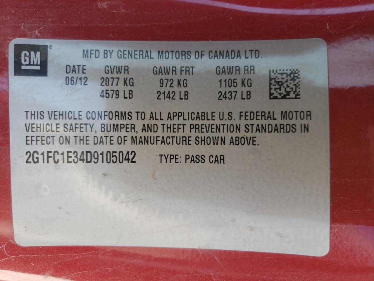 Photo 10 from auction – 2013 CHEVROLET CAMARO LT with VIN 2G1FC1E34D9105042