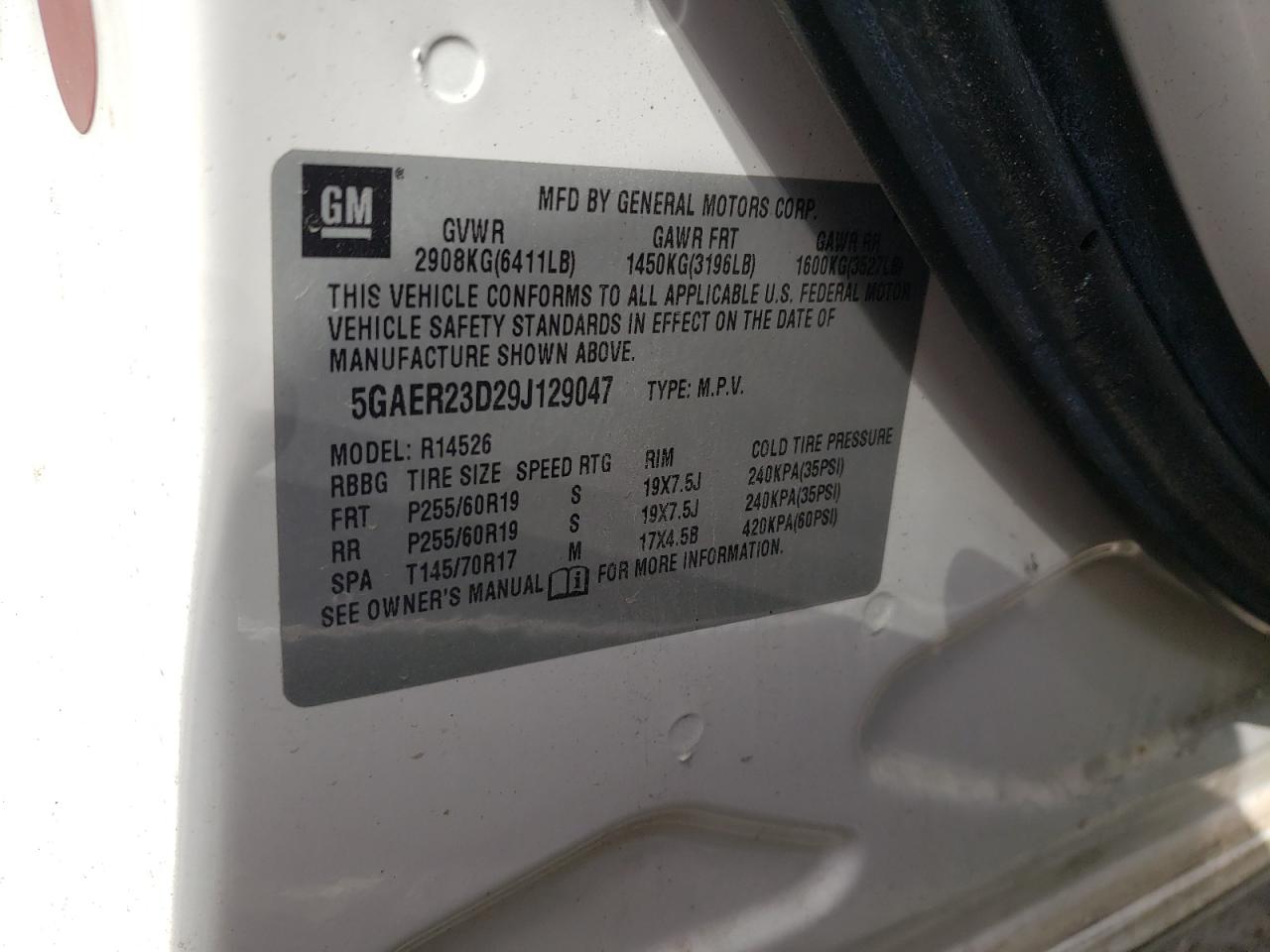 Photo 10 from auction – 2009 BUICK ENCLAVE CX with VIN 5GAER23D29J129047