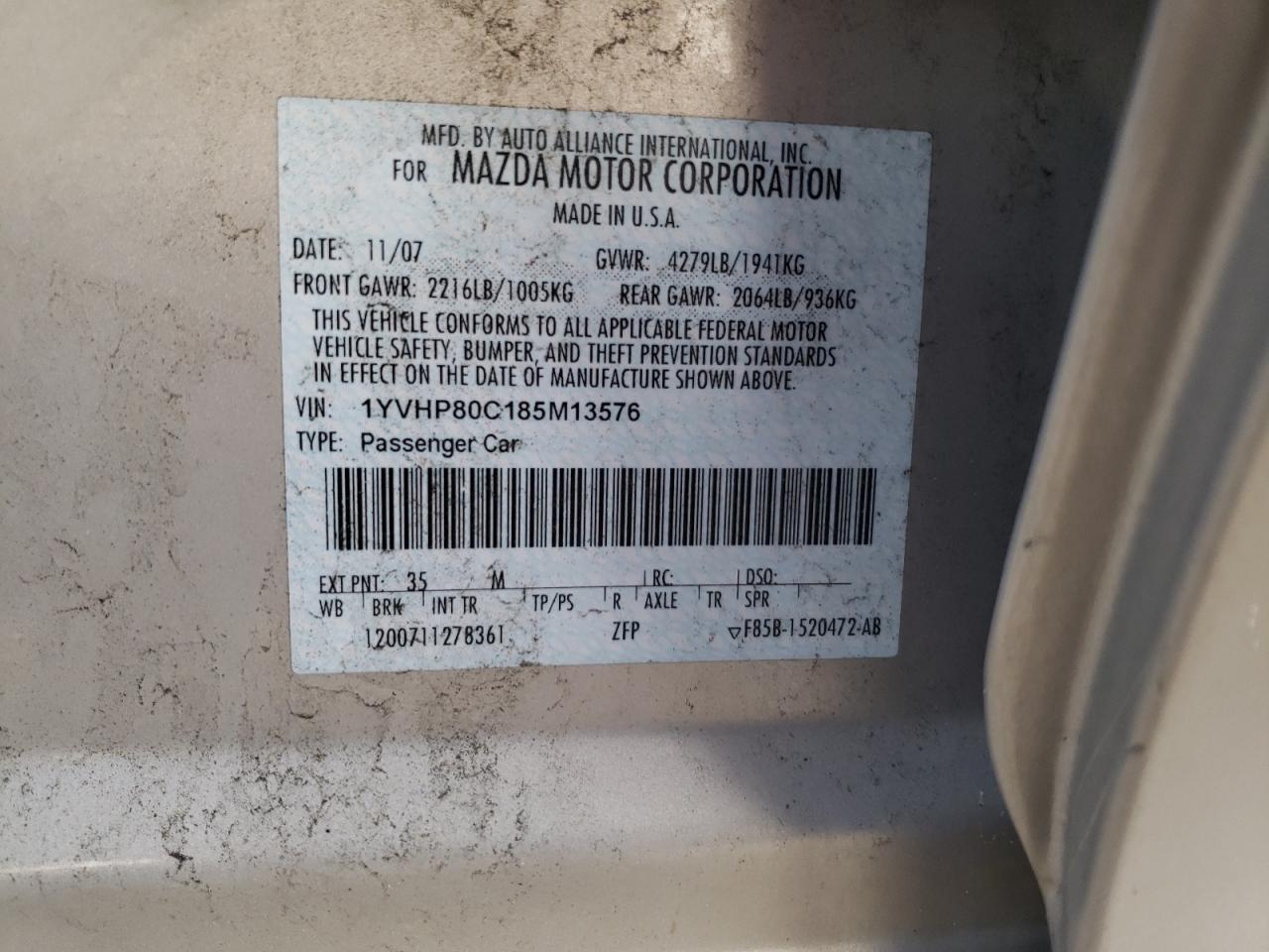 Photo 10 from auction – 2008 MAZDA 6 I with VIN 1YVHP80C185M13576