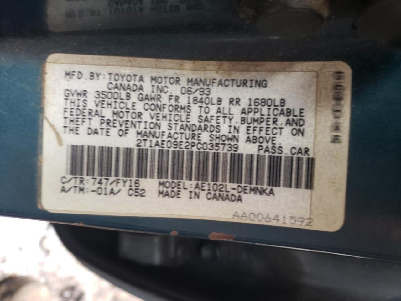 Zdjęcie 10 z aukcji – 1993 TOYOTA COROLLA LE z VIN 2T1AE09E2PC035739