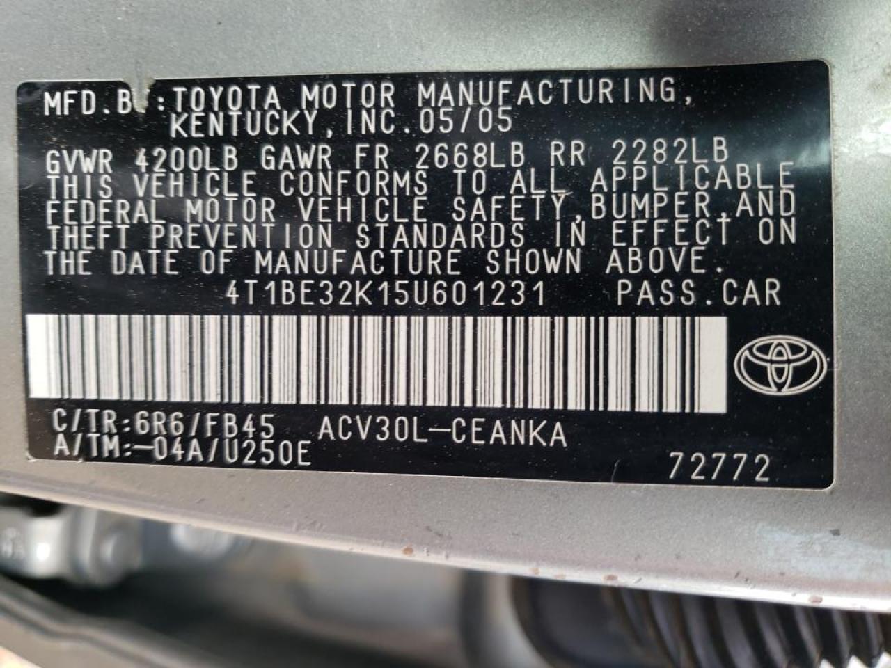 Photo 10 from auction – 2005 TOYOTA CAMRY LE with VIN 4T1BE32K15U601231