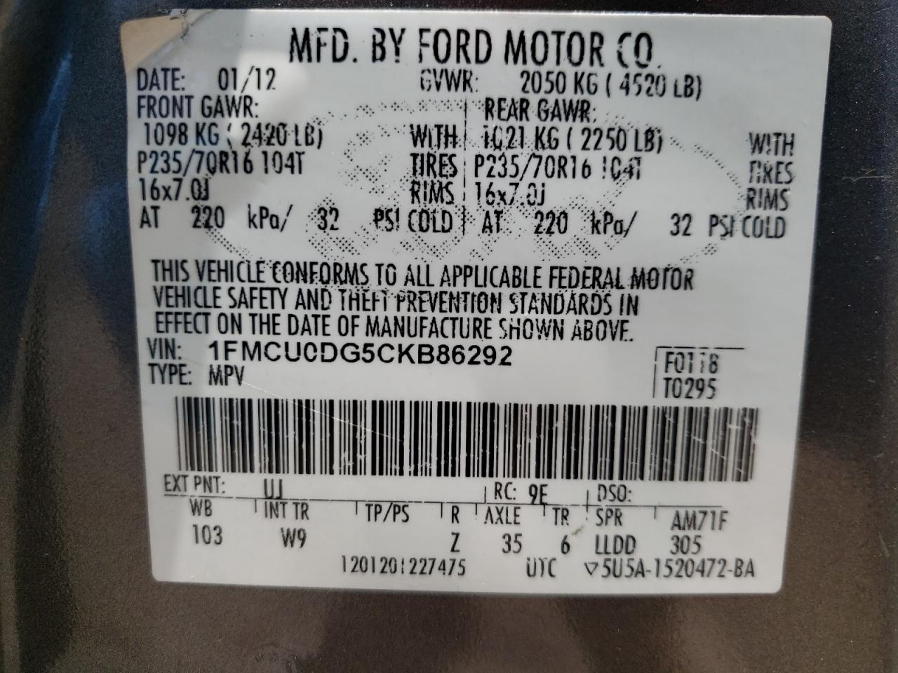 Photo 10 from auction – 2012 FORD ESCAPE XLT with VIN 1FMCU0DG5CKB86292