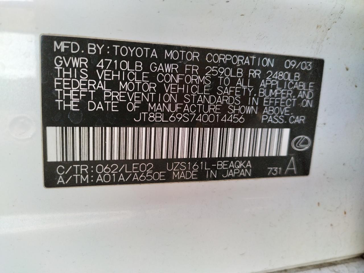 Photo 10 from auction – 2004 LEXUS GS 430 with VIN JT8BL69S740014456