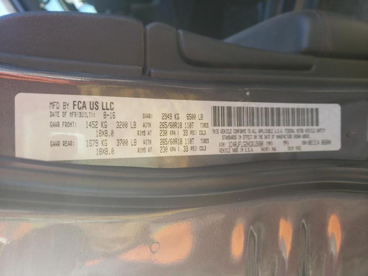 Photo 10 from auction – 2017 JEEP GRAND CHER with VIN 1C4RJFLG2HC612680