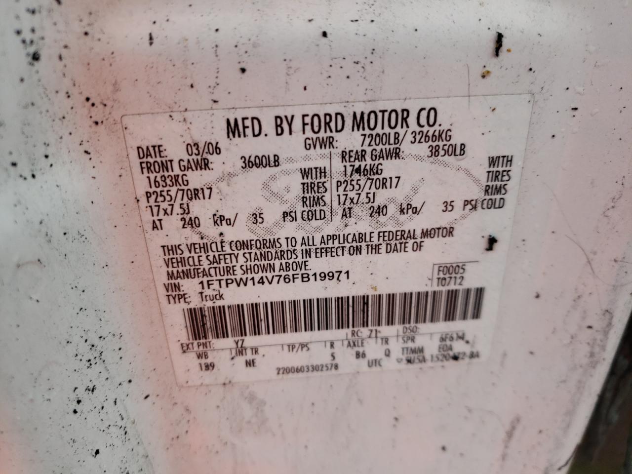 Photo 10 from auction – 2006 FORD F150 SUPER with VIN 1FTPW14V76FB19971